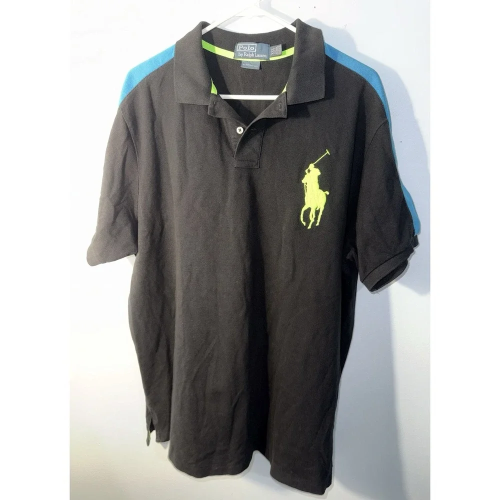 RALPH LAUREN Polo Men's Shirt Big Pony Logo Rugby Black Custom Fit Size XXL